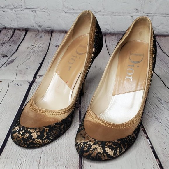 Dior Shoes - Dior Dent Lace Black Beige Nude Pumps Authentic